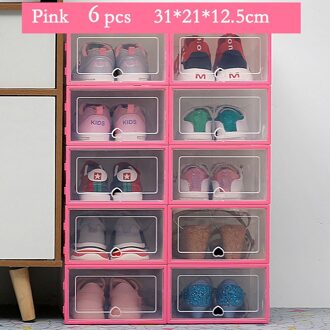 6Pcs Transparante Schoen Dozen Opslag Verdikte Stofdicht Schoenen Organizer Box Bovenop Combinatie Schoenenkast Dispaly roze
