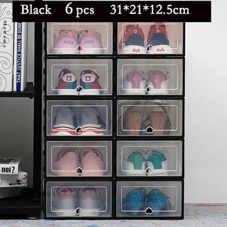6Pcs Transparante Schoen Dozen Opslag Verdikte Stofdicht Schoenen Organizer Box Bovenop Combinatie Schoenenkast Dispaly zwart