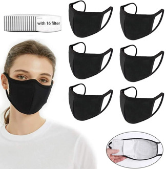 6Pcs Unisex Reusable Masks with 16 Filters Washable Mouth Mask Windproof Dustproof Face Cover Ear Hook Mouth Caps Black