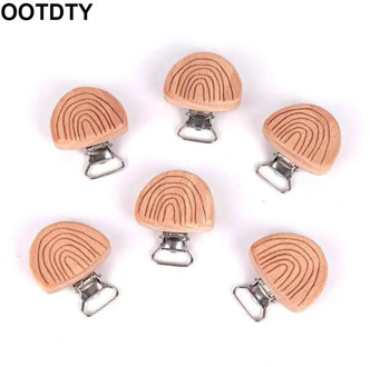 6Pcs Wooden Pacifier Clips Beech Engrave Rainbow Baby Teether Safety Clasp Holder DIY Dummy Chain Toys Accessories