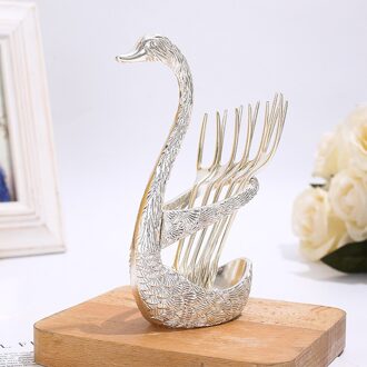 6Pcs Zwaan Fruit Base Houder Vorken Set Rvs Salade Dessert Vorken Koffielepel Taart Servies Bestek