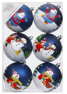 6x Blauwe kerstballen 8 cm kunststof met print