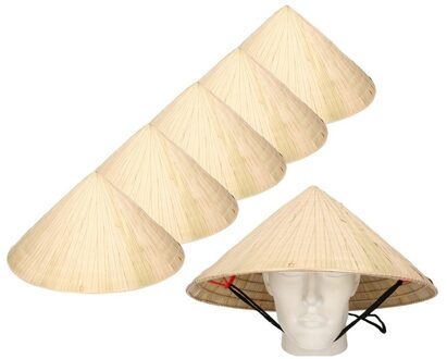 6x Chinese stro hoeden / Chinees hoedje met kinband - China thema verkleed accessoire