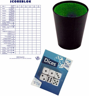 6x Dobbelstenen yatzee spel - met beker - en scoreblok van 250 paginas