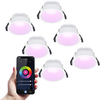 6x Finn Smart LED inbouwspot - 10 Watt - Plafondspot - RGBWW - WiFi + Bluetooth - 630 Lumen - Binnen & buiten - Verzonken spot - Amazon Alexa + Google Assist - Wit