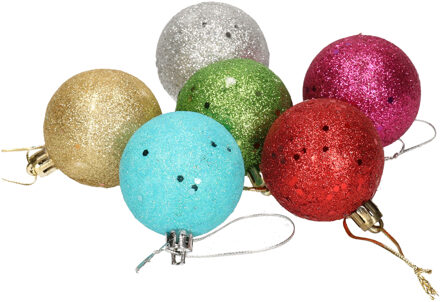 6x Gekleurde onbreekbare kerstballen met glitters 5 cm - Kerstbal Multikleur