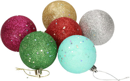 6x Gekleurde onbreekbare kerstballen met glitters 6 cm - Kerstbal Multikleur