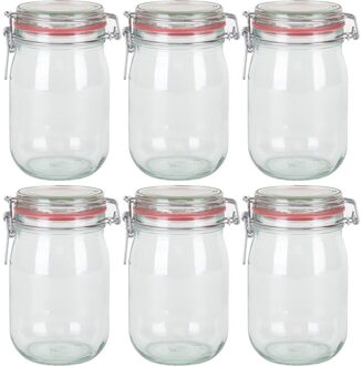 6x Glazen confituren pot/weckpot 1000 ml/1 liter met beugelsluiting en rubberen ring - Weckpotten Transparant