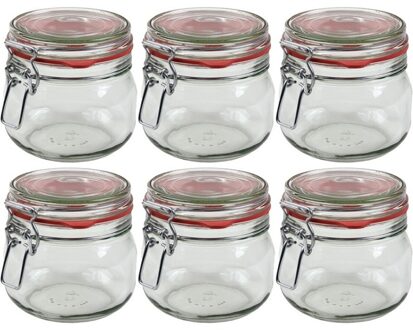 6x Glazen confituren pot/weckpot 500 ml met beugelsluiting en rubberen ring - Weckpotten Transparant