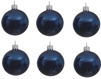 6x Glazen kerstballen glans donkerblauw 8 cm kerstboom versiering/decoratie - Kerstbal