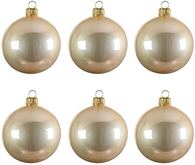 6x Glazen kerstballen glans licht parel/champagne 8 cm kerstboom versiering/decoratie - Kerstbal Champagnekleurig