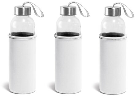 6x Glazen waterflessen/drinkflessen met witte soft shell hoes 520 ml - Sportfles - Bidon
