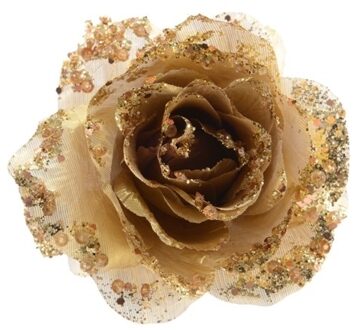 6x Gouden glitter roos met clip = Kerst decoratie gouden glitter roos 6 stuks - Gouden decoratiebloemen/kerstversiering