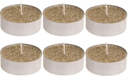 6x Gouden glitter waxinelichtjes 6 cm - Waxinelichtjes Goudkleurig