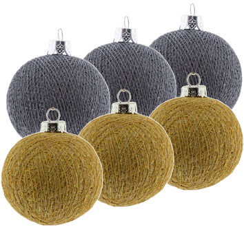 6x Grijze en gouden kerstballen 6,5 cm Cotton Balls kerstboomversiering - Kerstbal Multikleur