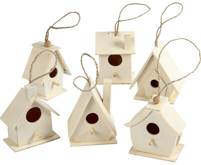 6x Houten hobby knutsel vogelhuisje 7 cm - Hobbydecoratieobject Beige