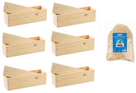 6x Houten wijnkist/verpakking met schuifdeksel/150 gram houtwol