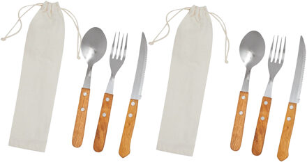 6x Inspirion Bestekset - RVS - 3-delig - houten handvat - in katoenen hoes
