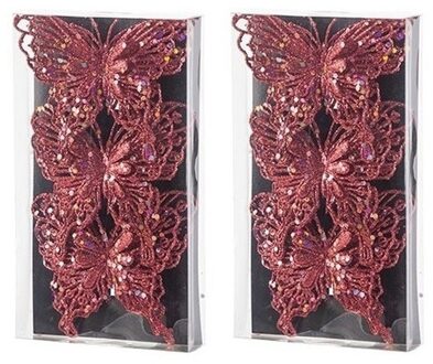 6x Kerst decoratie vlinders rood 12 x 11 cm