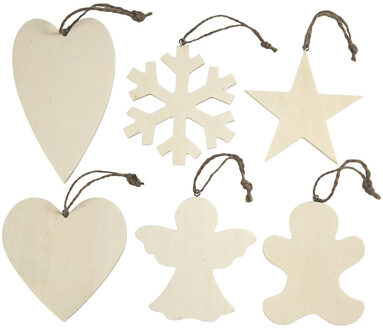 6x Kerstboomhangers houten kerstornamenten 9-11 cm - Kersthangers Bruin