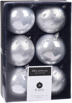 6x Kerstboomversiering luxe kunststof kerstballen zilver 8 cm - Kerstbal Zilverkleurig