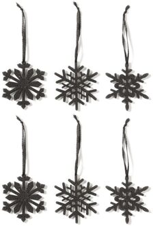6x Kersthangers figuurtjes zwarte sneeuwvlok/ster 7,5 cm