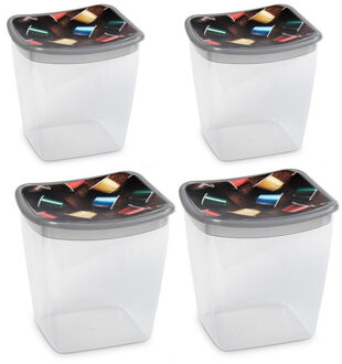 6x Koffiecups plastic bewaarbakjes transparant/grijs - 1,1 liter - 13 x 11 x 13 cm - Bewaarbakjes/voorraadbakjes