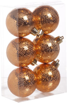 6x Koperen cirkel motief kerstballen 6 cm kunststof - Kerstbal Koperkleurig