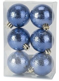 6x Kunststof kerstballen cirkel motief donkerblauw 6 cm kerstboom versiering/decoratie - Kerstbal