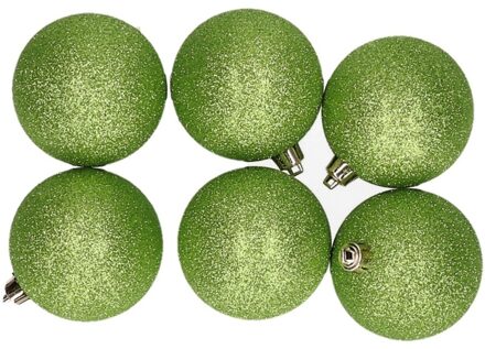 6x Kunststof kerstballen glitter appelgroen 8 cm kerstboom versiering/decoratie - Kerstbal