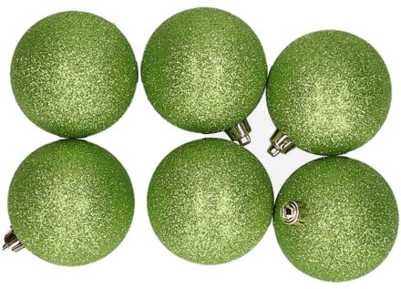 6x Kunststof kerstballen glitter appelgroen 8 cm kerstboom versiering - Kerstbal