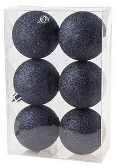 6x Kunststof kerstballen glitter donkerblauw 8 cm kerstboom versiering/decoratie - Kerstbal