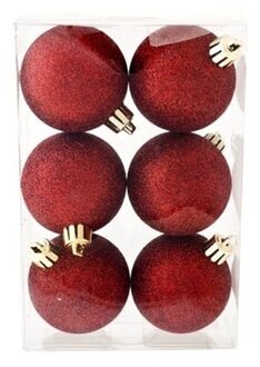 6x Kunststof kerstballen glitter donkerrood 6 cm kerstboom versiering/decoratie - Kerstbal