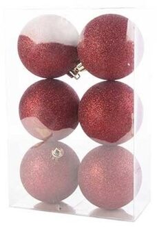 6x Kunststof kerstballen glitter donkerrood 8 cm kerstboom versiering/decoratie - Kerstbal