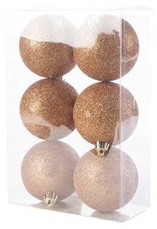 6x Kunststof kerstballen glitter koper 8 cm kerstboom versiering/decoratie - Kerstbal Koperkleurig