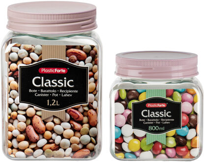 6x kunststof keuken voorraadpotten - weckpotten - 0.8 en 1.2 liter - roze