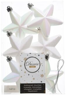 6x Kunststof sterren kerstballen glans/mat/glitter parelmoer wit 7 cm kerstboom versiering/decoratie - Kersthangers Crème