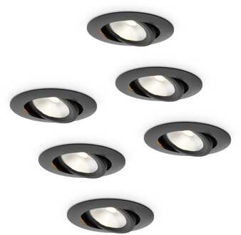 6x Lugo LED Inbouwspots - Zwart - Dimbaar - 5 Watt 450 Lumen - 2700K Warm Wit Licht - Kantelbaar - IP65 - Voor Binnen & Buiten