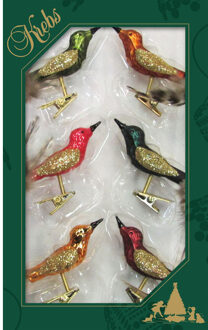 6x Luxe Glazen Gekleurde Vogels Op Clip 9 Cm - Kersthangers Multikleur