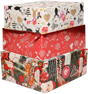 6x luxe kerst cadeaupapier rollen in 3-stijlen - Cadeaupapier