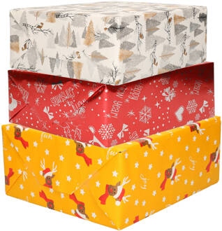 6x luxe kerst cadeaupapier rollen in 3-stijlen - Cadeaupapier