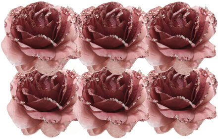 6x Oud roze decoratie bloemen rozen op clip 14 cm - Kerstversiering/woondeco/knutsel/hobby bloemetjes/roosjes