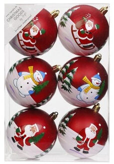 6x Rode kerstballen 8 cm kunststof met print
