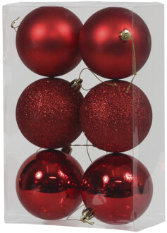 6x Rode kunststof kerstballen 8 cm glans/mat/glitter - Kerstbal Rood