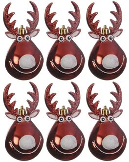 6x Rode rendier Rudolph kerstornamenten kersthangers 11 cm - Kersthangers Rood