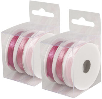 6x Rollen hobby/decoratie kleurenmix roze satijnen sierlint 3 mm x 6 meter - Cadeaulinten satijnlinten/ribbons