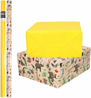 6x Rollen kraft inpakpapier jungle/oerwoud pakket - dieren/geel 200 x 70 cm - Cadeaupapier