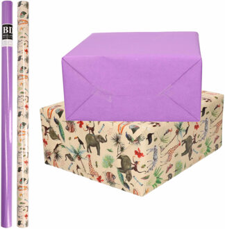 6x Rollen kraft inpakpapier jungle/oerwoud pakket - dieren/paars 200 x 70 cm - Cadeaupapier