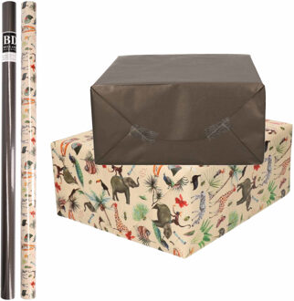 6x Rollen kraft inpakpapier jungle/oerwoud pakket - dieren/zwart 200 x 70 cm - Cadeaupapier