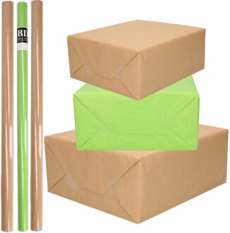 6x Rollen kraft inpakpapier/kaftpapier pakket bruin/groen 200 x 70 cm - Cadeaupapier